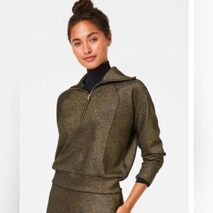 Spanx- AirEssentials Shine Half-Zip- Size M- Very Black Gold Color